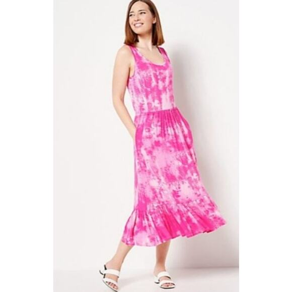 Jason Wu Pink Solid or Tie Dye Knit Ruffle Sleeveless Midi Dress sz 1X Petite - Picture 1 of 10